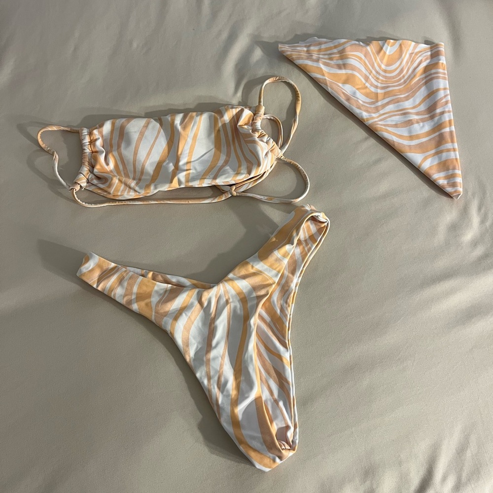 Orange striped Bikini Set with Headscarf